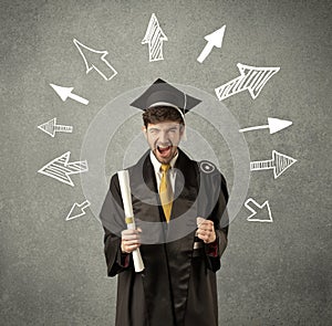 Young graduate student with hand drawn arrows