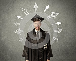 Young graduate student with hand drawn arrows