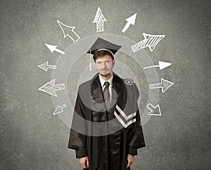 Young graduate student with hand drawn arrows