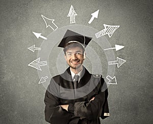 Young graduate student with hand drawn arrows