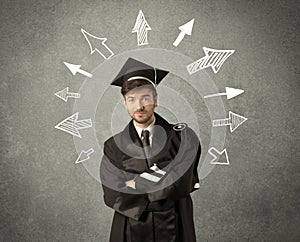 Young graduate student with hand drawn arrows