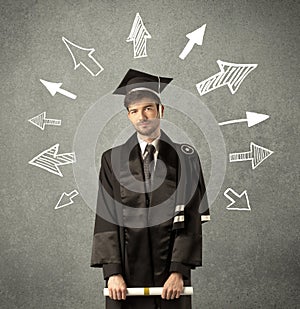 Young graduate student with hand drawn arrows