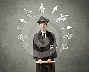 Young graduate student with hand drawn arrows