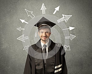 Young graduate student with hand drawn arrows