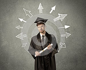 Young graduate student with hand drawn arrows