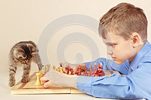 Young grandmaster with striped kitten plays chess.