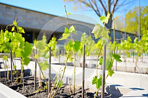 young grapevines in courtyard planters during a sunny day