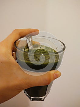 Young green barley or chlorella green food in the cup or bowl.