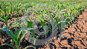 young green maize corn in the agricultural cornfield wets with dew in the morning, agronomy