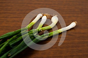 Young green onions on a wooden table. Healthy food