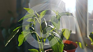 Young green pepper seedling plants growing on a windowsill, flooded with sunlight with window and building blurred