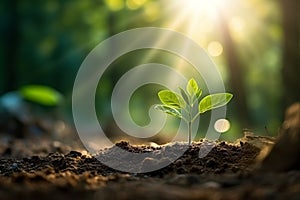 Young green plant growing in the soil with sunlight background. Ecology concept.