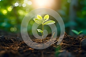 Young Green Plant growing under morning sunlight with bokeh, organic, sustainability, environment, ecosystem, earth day,