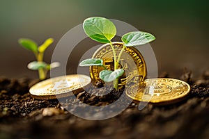 Young green plants emerging from golden Bitcoin coins, representing the growth of cryptocurrency investments