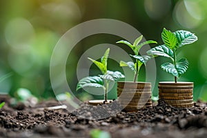 Young Green Plants Growing on Stacked Coins in Soil Concept of Financial Growth, Investment, and Sustainable Economy