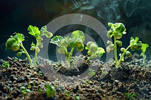Young Green Plants Sprouting in Fertile Soil with Sunlight and Mist Concept of Growth, New Life, and Agriculture