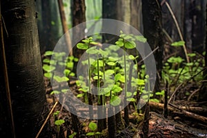 young green saplings sprouting among burnt tree trunks