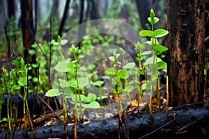 young green saplings sprouting among burnt tree trunks
