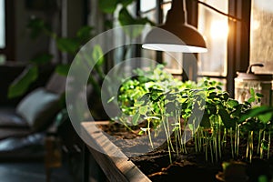 Young green Seedlings Growing under glow of LED lights in an indoor