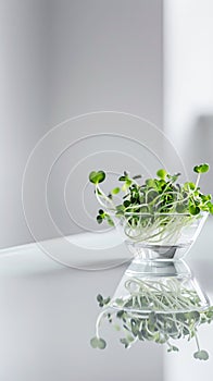 Young green seedlings in a transparent glass on a white table,. AI Generated
