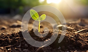 Young green shoot in the ground. World Soil Day