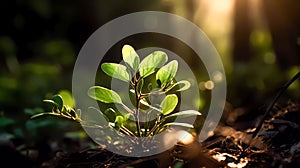 Young green sprout, backlit, growing on black soil