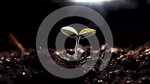 Young green sprout, backlit, growing on black soil