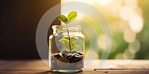 Young green sprout grow from jar full of coins. On wooden table with blurred backdrop. Economy concept. Generative AI