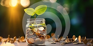 Young green sprout grow from jar full of coins. On wooden table with blurred backdrop. Economy concept. Generative AI