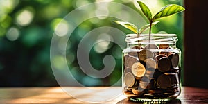 Young green sprout grow from jar full of coins. On wooden table with blurred backdrop. Economy concept. Generative AI