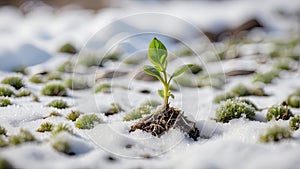 A young green sprout marks the end of winter and the start of spring by sprouting from the snow-covered frozen ground