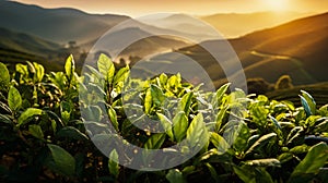Young green tea leaves in the rays of the rising sun. Mountain tea plantation in the morning mist and illuminated by the sun.