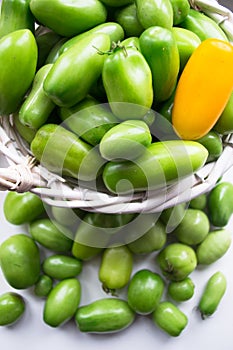 Young green tomatoes in a basket with place for text