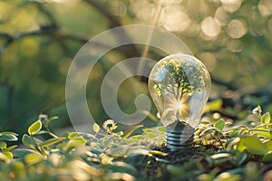 Young green tree in the middle of a light bulb, environmental protection and eco system