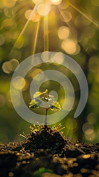 Young green tree in the rays of the setting sun, environmental protection and eco system