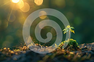 Young green tree in the rays of the setting sun, environmental protection and eco system