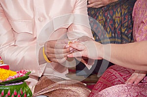 Young groom put golden ring to bride`s finger in wedding ceremon