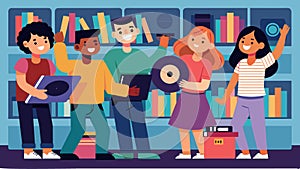 A young group of friends gathers in the library excitedly picking out records for a weekend dance party. Vector photo