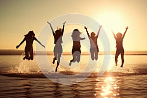 Young group of people jumping into the air at beach. Generative AI