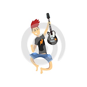 Young guitarist of rock band in jumping action. Guy with crazy hair wearing blue shorts and black t-shirt. Cartoon kid