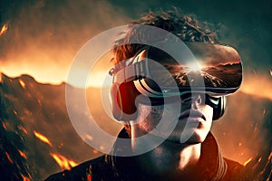 young guy against background of glowing skyscrs in goggles of virtual reality vr headset