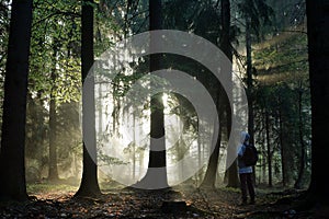 Young guy with a backpack standing in a forest in the mist at sunrise