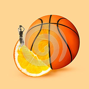 Young guy, basketball payer in motion, throwing ball. Orange slice. Metaphor. Contemporary art collage.