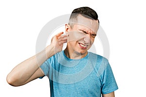 Young guy dressed in a blue t-shirt with pain in the neck, on a isolated white background