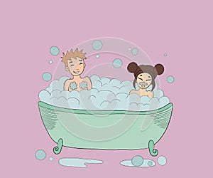 young guy with a girl sit in a bath with foam and bubbles, laugh, they are happy and enjoy bathing together, pink background, the