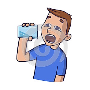 Young guy with a glass of water on white backgroud. Isolated flat illustration. Cartoon vector image.