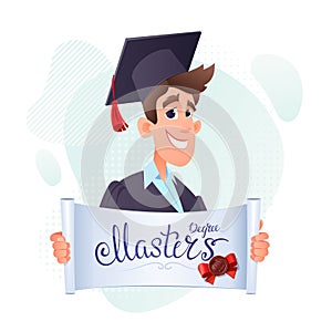 Young guy graduate with an opened certificate in his hands and the inscription Masters degree. In a prom dress and cap