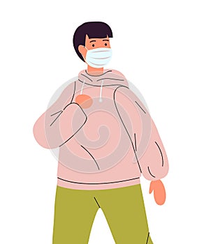 Young guy in hoodie wearing face medical mask protecting from virus pandemia, safety and health