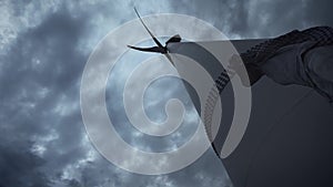 A young guy next to the wind turbines, produce ecological energy. The concept of environmental pollution, new