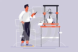 Young guy printing prototype using 3d printer photo